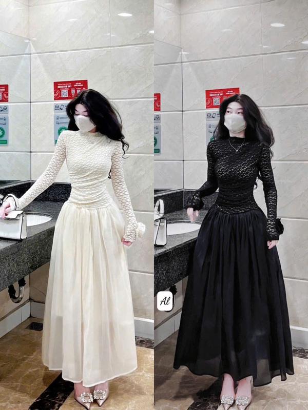 Đầm váy thiết kế nữ tiểu thư thanh lịch xinh yêu, đầm len ren cổ cao tay dài đính hoa tay phối tùng đũi dánh dài xòe nhẹ cực sang