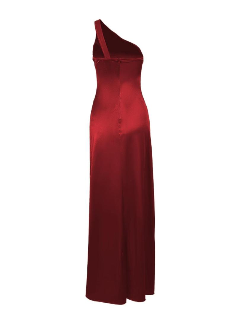 Product Introduction of Women's Plain One Shoulder Ruched Dress, Elegant Sleeveless Split Thigh Evening Party Gown, Ladies Summer Clothes 9