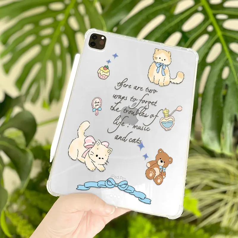 Ốp Bảo Vệ, Áp Dụng Cho iPad Mới 2024, 10.2 Inch Và AIR2, Thiết Kế Trong Suốt, Có Nơ Và Mèo, Thích Hợp Cho Máy Tính Bảng 2021, Thế Hệ Thứ 9, Được Làm Bằng Silicon, Có 6 Thế Hệ 4