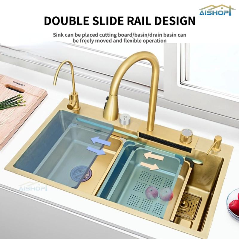 Product Introduction of [SG Seller]SUS 304 Stainless Steel Pullout Faucet Tap Gold Waterfall Kitchen Sink  Single Basin Bowl Tank Tap 5