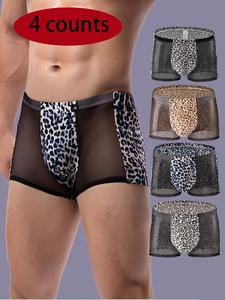 Men's Leopard Print Contrast Mesh Boxer Brief, Breathable Comfy Sexy Underwear for Daily Wear, Men's Underwear for All Seasons