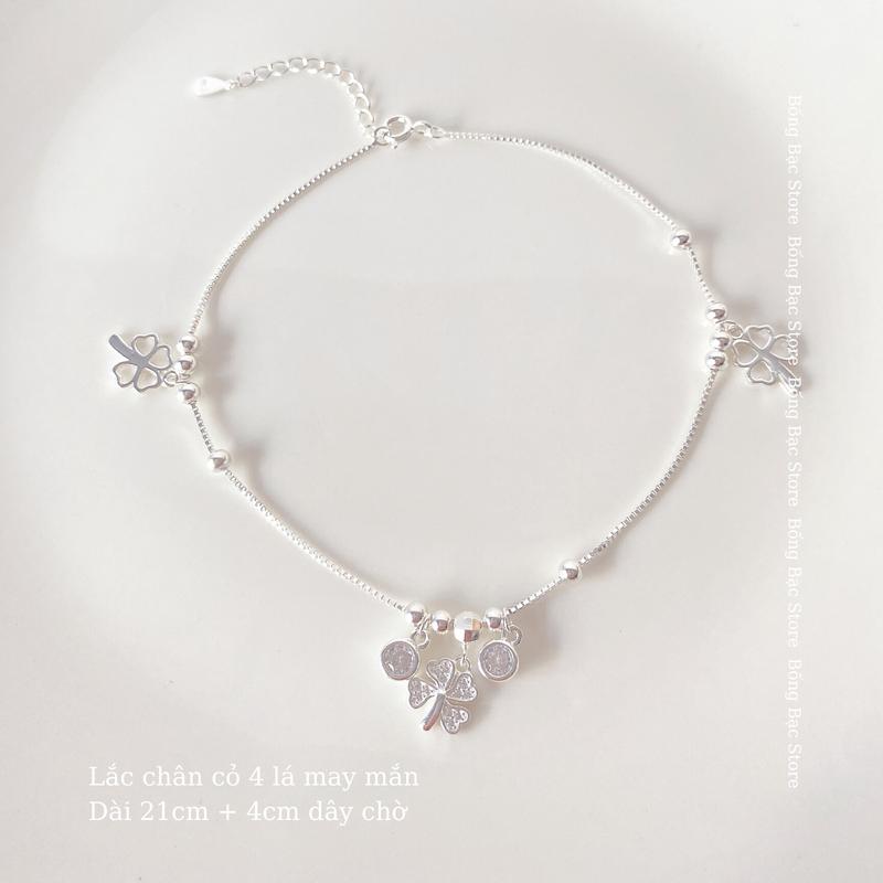 Lắc chân nữ Bống Bạc dải cỏ 4 lá đá xinh LC0.08