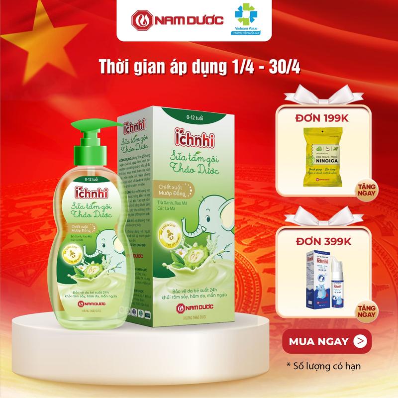 Sữa tắm gội thảo dược Ích Nhi cho bé từ 0-12 tuổi, chai 200ml giúp hỗ trợ phòng cảm lạnh, ngừa rôm sẩy, mẩn ngứa, dưỡng da mềm mịn
