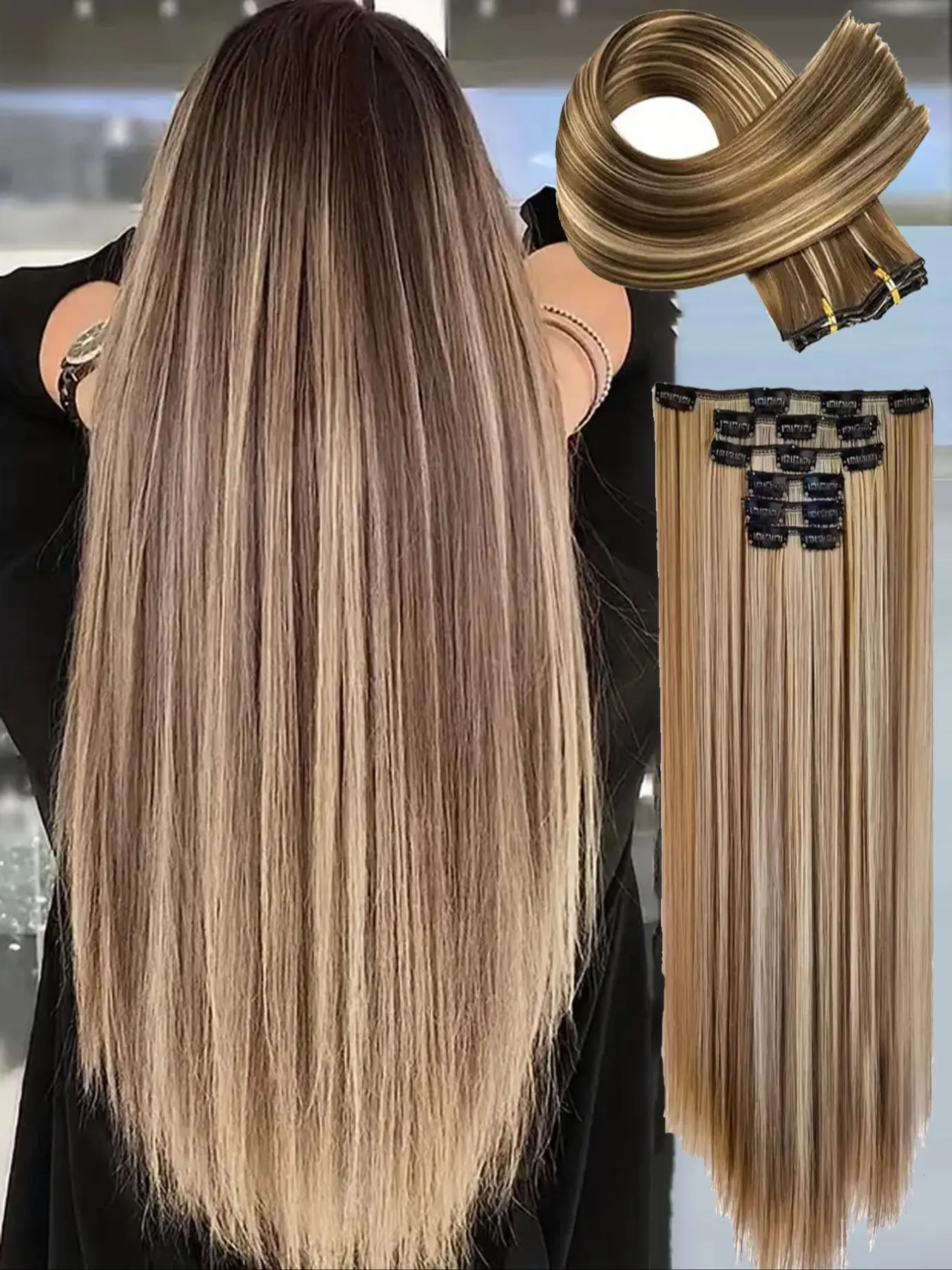 Women's 24inch Long Straight Clip-in Hair Extensions for Daily & Costume Party, Natural Fluffy Hair Extensions for Daily & Party Decoration, 2024 Trendy Matching Wig Piece Uk Girls Wigs, Wigs Ready To Wear
