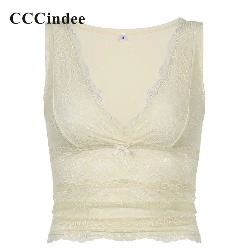 CCCindee Women's 2024 European and American Solid Color Lace Bow Vest