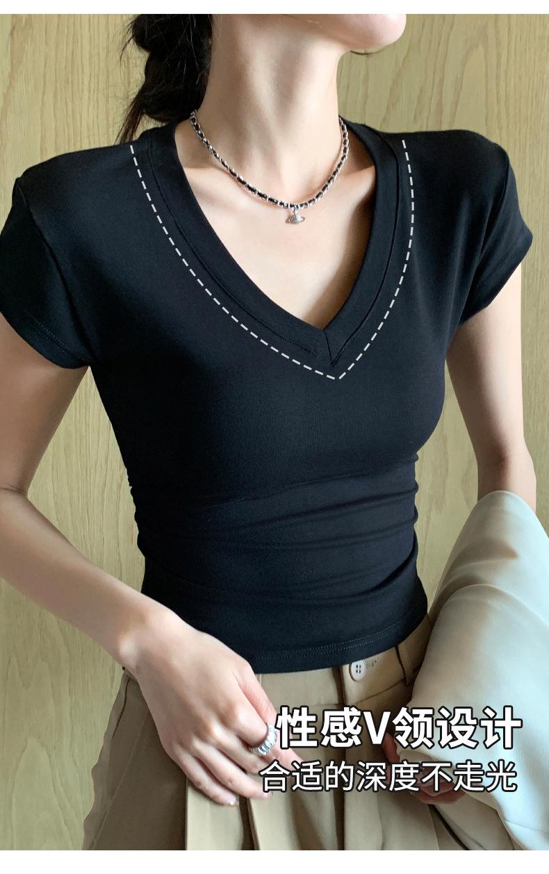 Product Introduction of Summer New Slim Fit V-Neck Short Sleeve T-Shirt for Women, Versatile Waist-Cinching Slimming High-End Top, Niche Style 10
