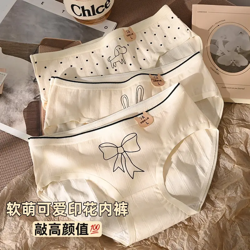 2025 Cotton Cartoon Printed Underwear for Women Elastic Hip Antibacterial Cotton Crotch Breathable Mid Waist Girl Student Underwear Fashion Best-Seller