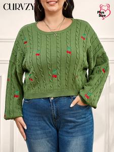 CURVZY Plus Size Cherry Print Drop Shoulder Sweater, Casual Long Sleeve Round Neck Jumper for Fall & Winter, Women's Clothing for Daily Wear