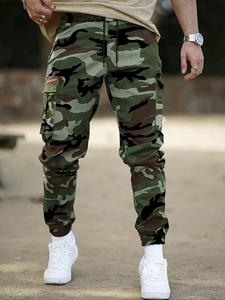 Men's Regular Fit Camo Print Patched Drawstring Cargo Pants, Casual Pocket Elastic Waist Trousers for Daily Wear, Casual Men's Bottoms for All Seasons, Relaxed Fit Pants