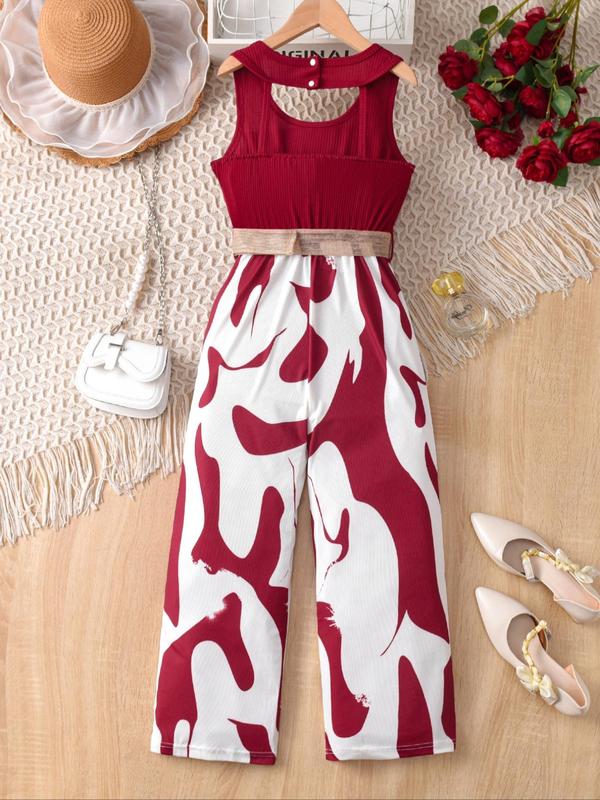 Girl's Colorblock Print Tank Romper with Belt, Elegant Sleeveless Jumpsuit for Summer, Kids Clothes for Daily Wear 1