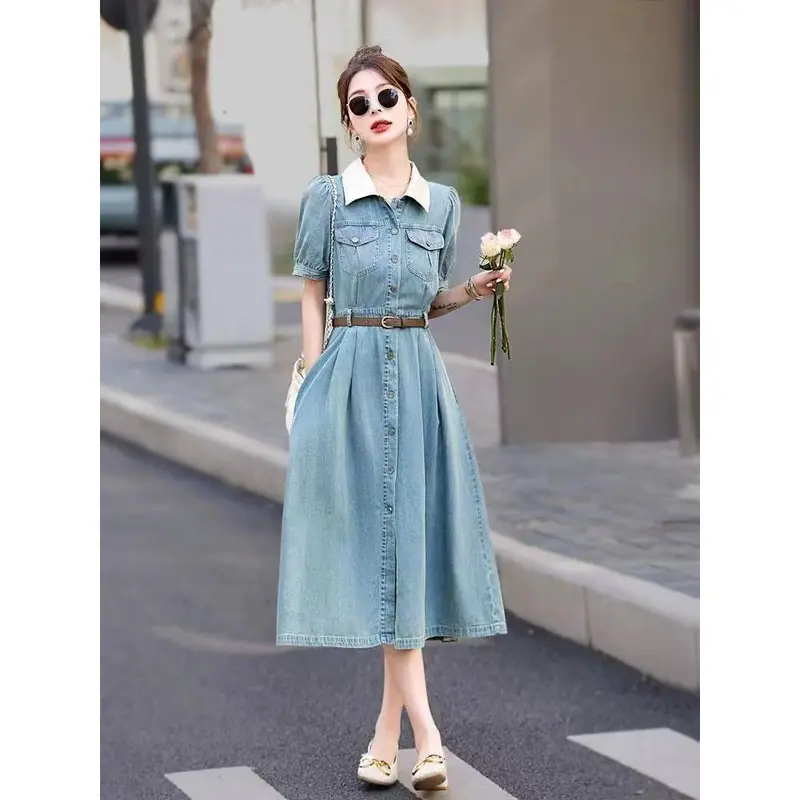 Đầm Denim, Phong Cách Cổ Điển, ngắn Tay, Dành Cho Nữ, Mỏng, Thích Hợp Cho Mùa Hè 1