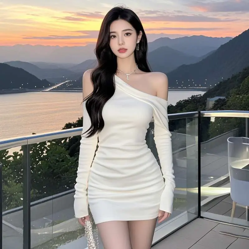 Váy Thanh Lịch, Cổ Áo Chéo Gợi Cảm, Trễ Vai, Tay Dài, Phong Cách Mùa Thu, Thiết Kế Dễ Thương Và Gợi Cảm, Ôm Vừa Vặn, Váy Bodycon Bó Sát