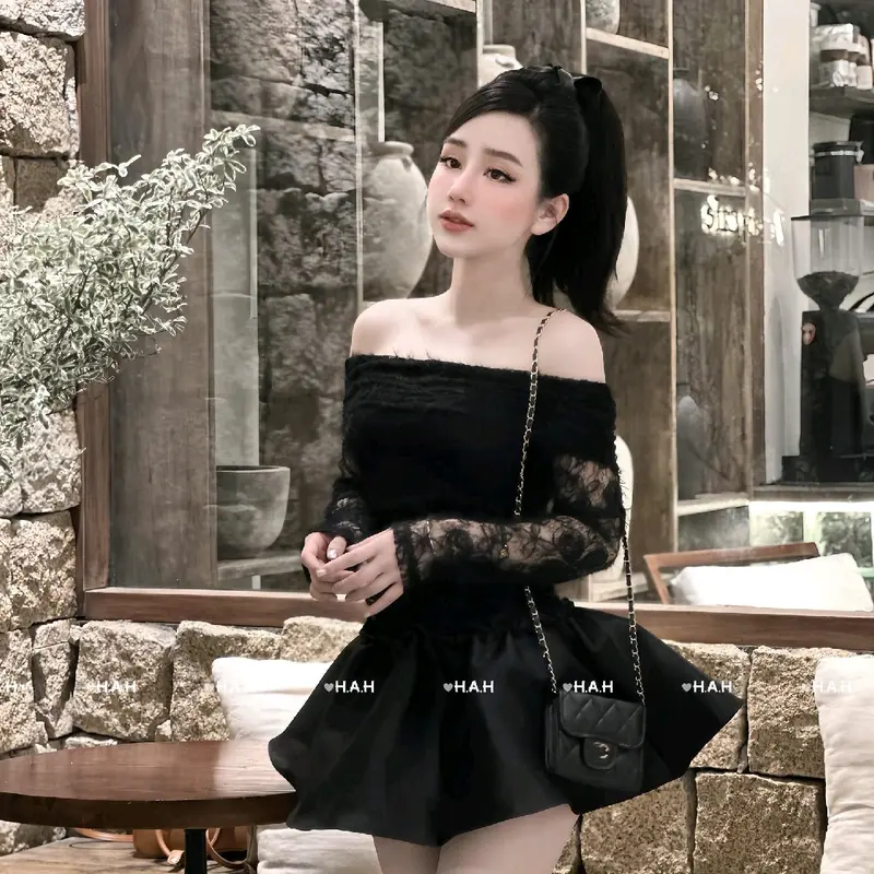 Váy Ren Lưới Trễ Vai Tay Dài Tiểu Thư Siêu Xinh.Hàng Thiết Kế Nữ Women Dress chỉ giặt tay đỏ hồng vaydodonnoel 2