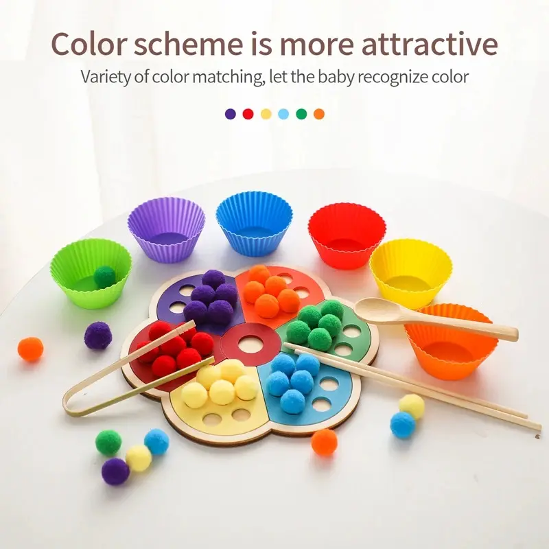 Baby Colour Sorting Sensory Toys Wooden Montessori Toys Flower Shape Rainbow Board Children's Fine Motor Skills Educational Toys Gifts for Kids