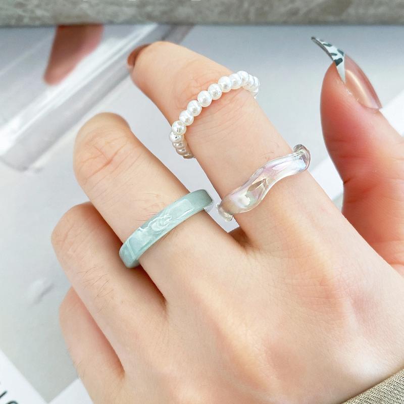 Enacolor 3Pcs/Set Fashion Resin Acrylic Circle Ring Adjust Beaded Pearl Rings for Women Girl Accessories 2