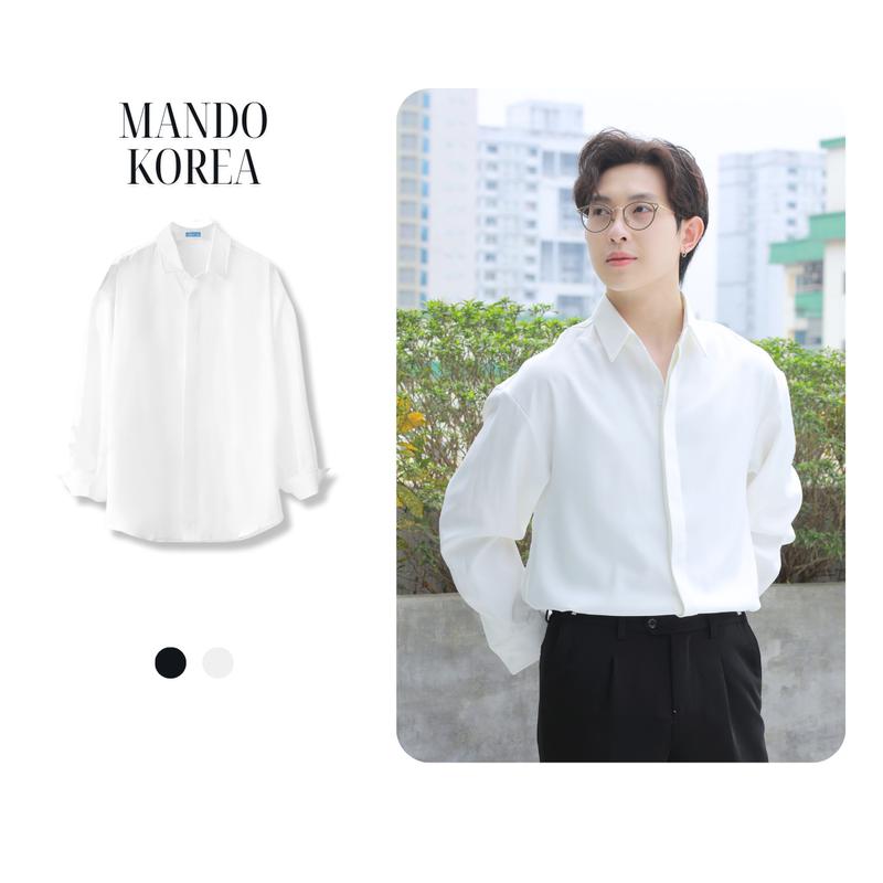 SMD101 Áo Sơ Mi Lụa Trắng Nam Giấu Cúc Form Rộng Dài Tay Cao Cấp MANDO Phong Cách Hàn Quốc Thời Trang Nam MANDO Menswear Shirt