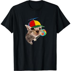 Camiseta negra con diseño abstracto 2D – estilo urbano alternativo, ideal para hombre y mujerAhCor Funny Silly Cat Memes - playera de meme con Lollipop