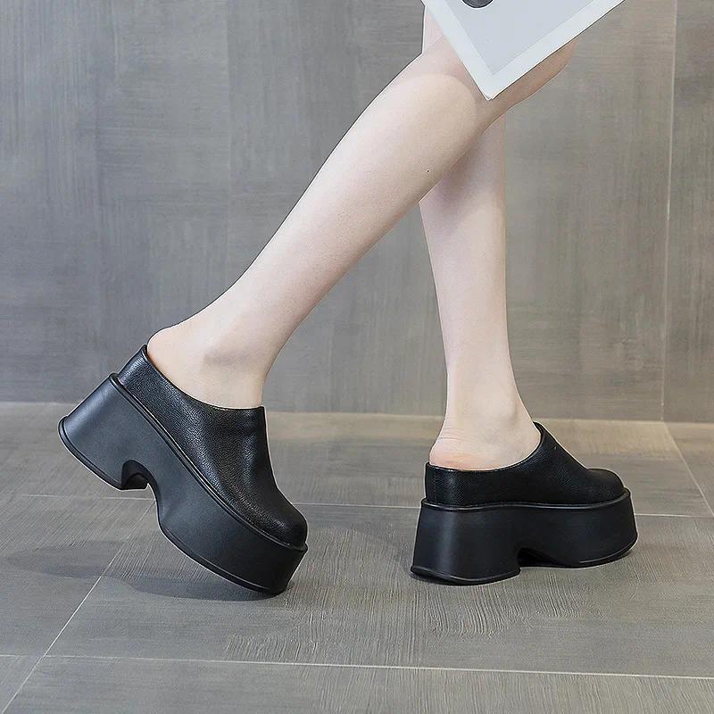 Dép Lê, 11cm, Da Thật Bò Tự Nhiên, Đế Xuồng, Giày Thể Thao, Giày Cao Gót, Dành Cho Phụ Nữ, Phong Cách ROME, Gót Ẩn, Giày Lưu Hóa, Hàng Mới Về 5