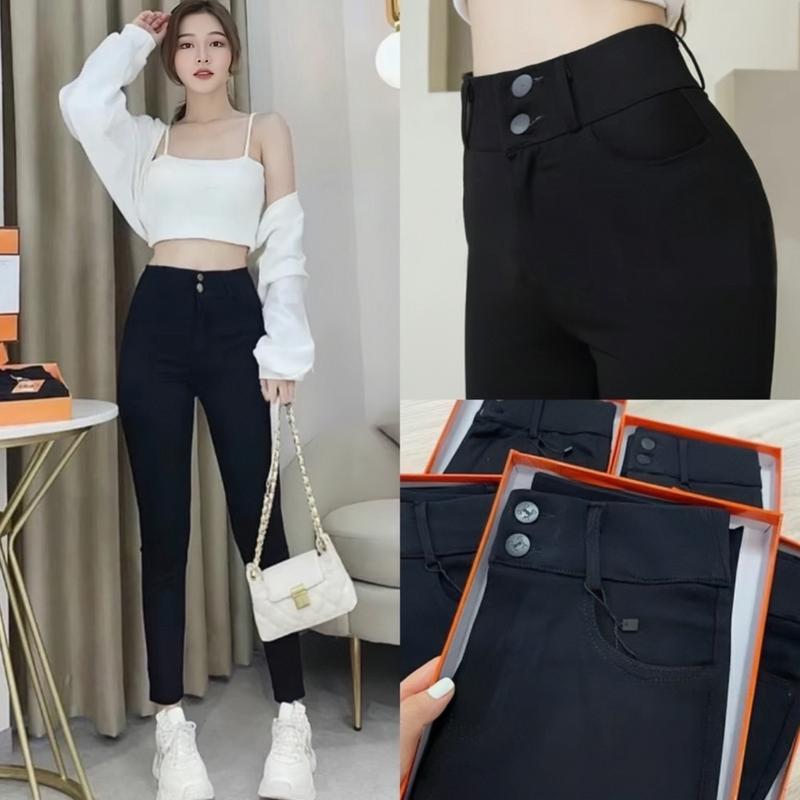 Quần legging nữ cạp cao dài có túi 2 cúc cài khoá kéo- Quần legging đen nữ dài co dãn gen bụng vải daỳ Umi ôm body