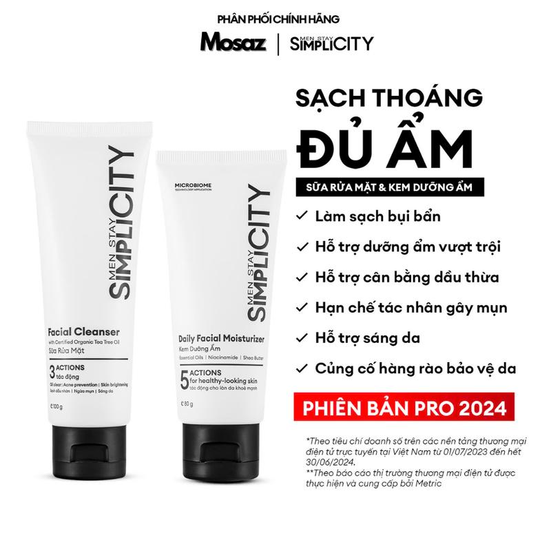 Bộ sản phẩm chăm sóc da hàng ngày cho nam Men Stay Simplicity: Sữa rửa mặt 100g x Kem Dưỡng Ẩm đa năng 80g