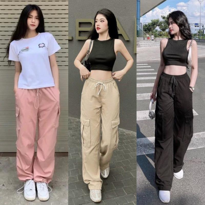 Product Introduction of Quần ống rộng nữ cạp chun túi hộp vải kaki dây rút dáng suông dài Quần kaki ống rộng lưng cao bo gấu co giãn màu Đen kem hồng phong cách Pants Jean Women quần tuihop 8