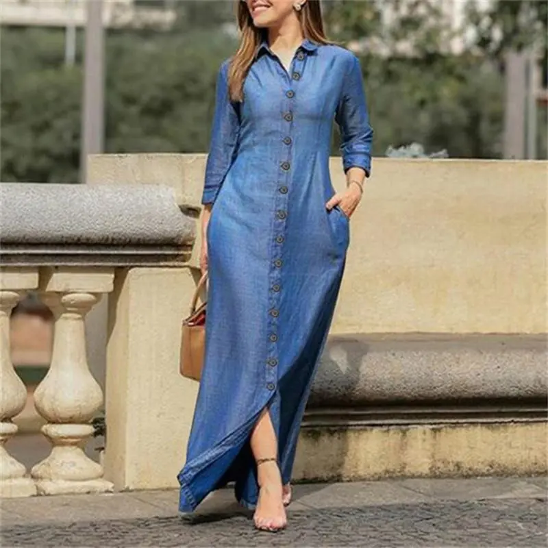 Spring Summer Women's Long Sleeve Slim Dress Casual Single-breasted Lapel Long Dress Elegant Ladies Solid Color Pocket Cardigan Dress