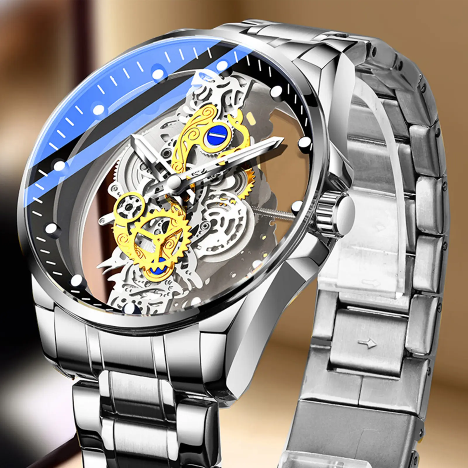 Jam tangan klasik bersaiz penuh 42mm, gelang lutsinar, pembaca mudah, berkilau, untuk di luar rumah, pejabat, mesyuarat perniagaan