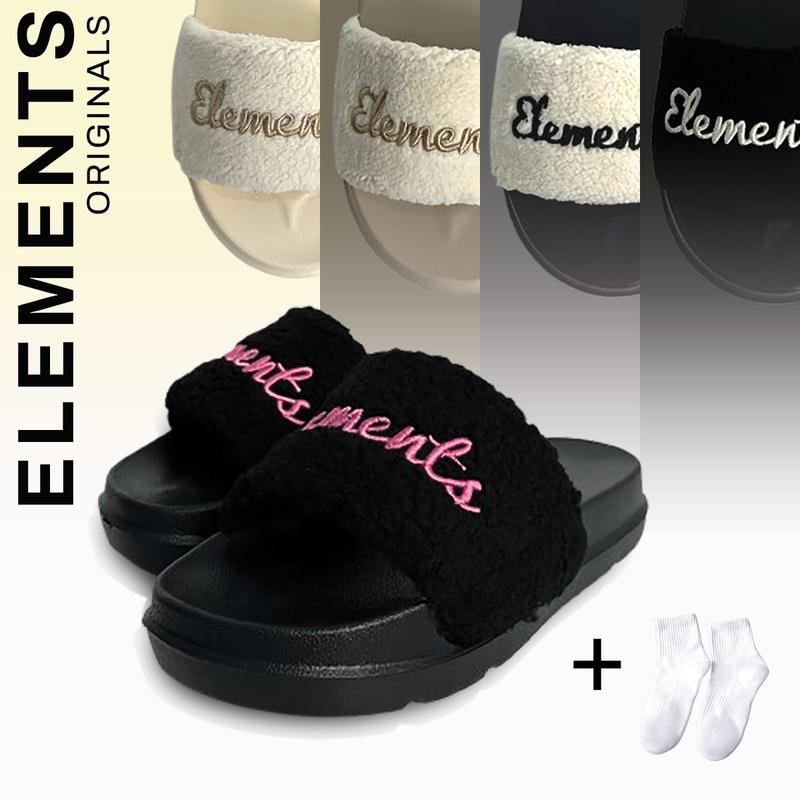 [TẶNG VỚ] E10 - Dép quai ngang Elements Fluffy slippers -  Dép lông chữ thêu đế bằng cao 4cm - Elements