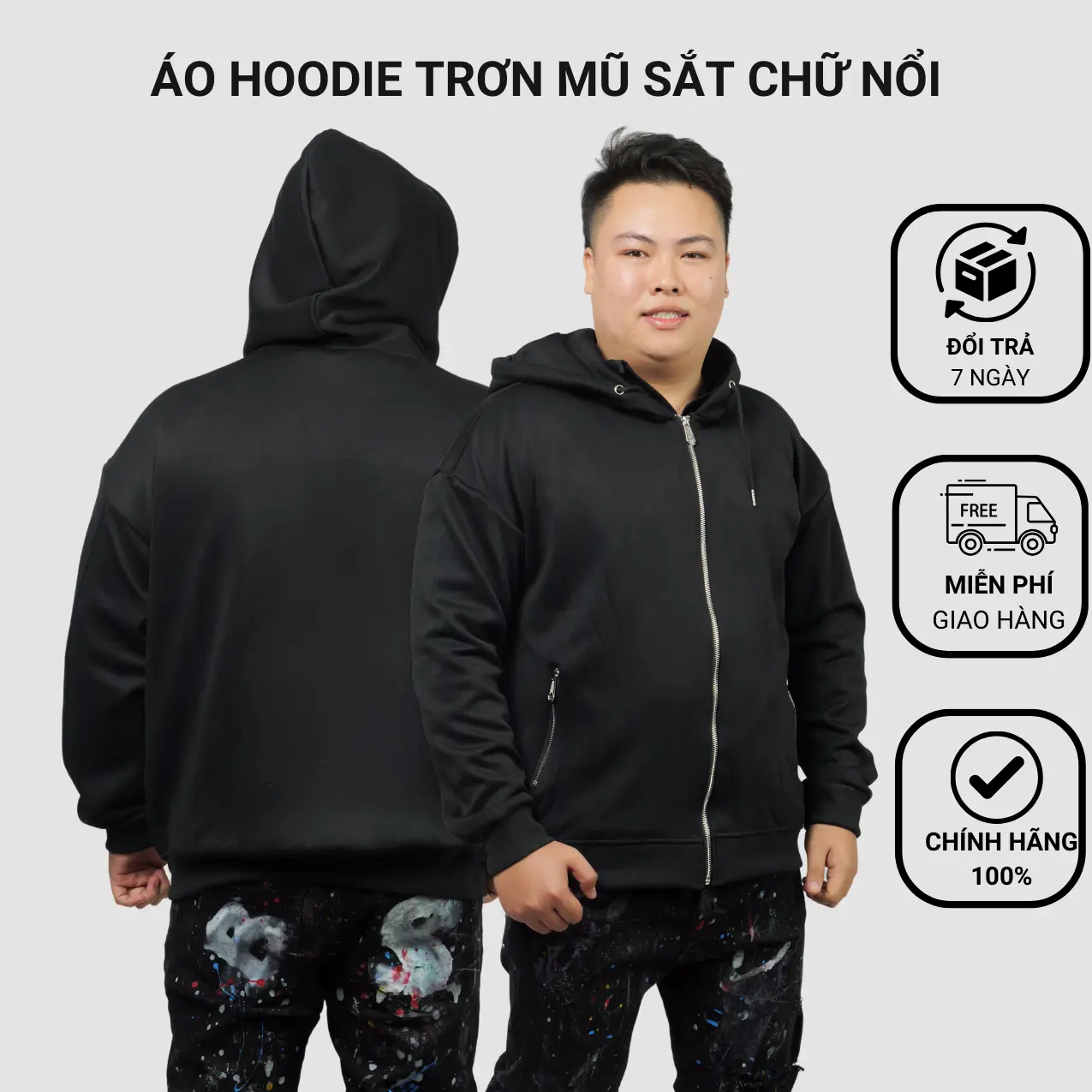 Áo hoodie trơn mũ sắt chữ nổi dành cho người béO BIGSIZE có size đến 150KG