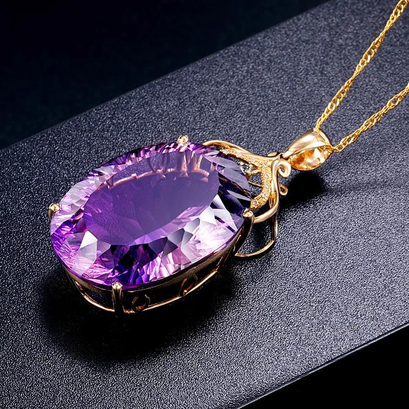 Gemstone Charm18k Gold Plated 36CT Amethyst Color Oval Crystal Pendant Necklace Lady Wedding Jewelry 5