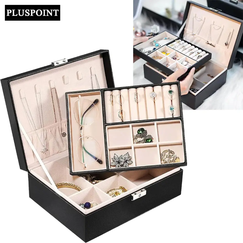 PLUSPOINT 2 Layer Jewelry Box Leather Organizer Case Watch Necklace Earrings Display Storage | 6 Slot Watchbox | Single Watchbox | 12slot Watchbox | Necklace Organizer | 3Layer Acrylic Jewelry Organizer