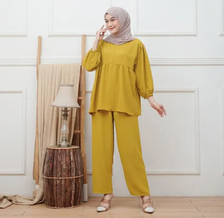 setelan fida one set cringkle airflow Muslim Wanita Crinkle Baju Atasan Celana Dewasa Panjang Remaja Kulot Casual Oversize 1