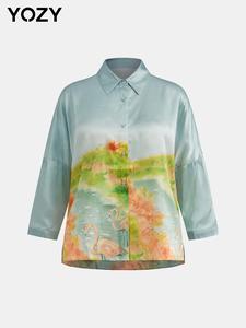 YOZY Women's Landscape Print Button Front Silk Shirt, Casual Long Sleeve Collared Top for Summer, Ladies Clothes for Daily Wear