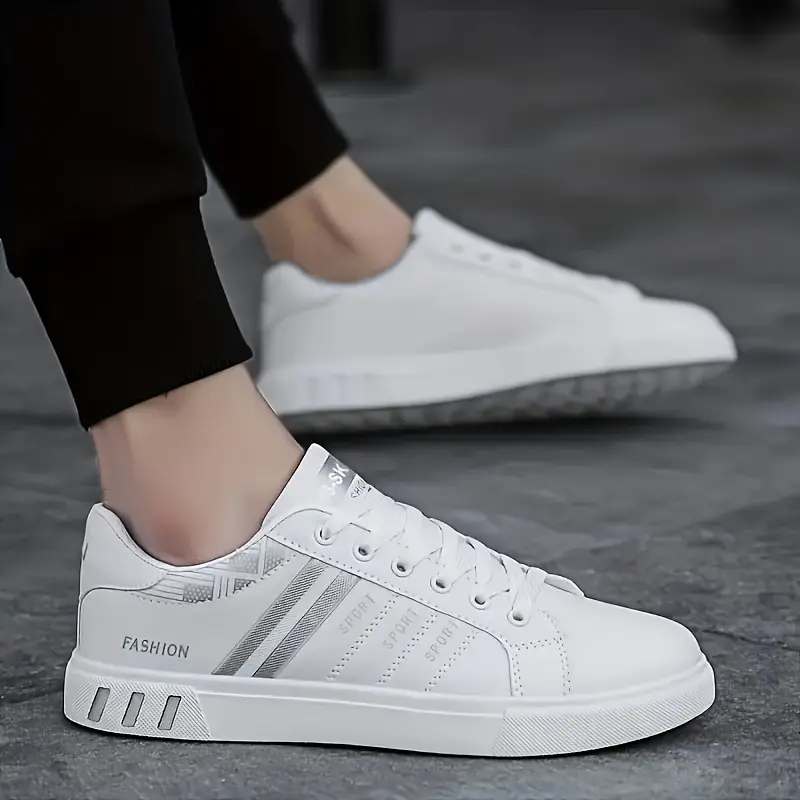 Men's Fashion Sneakers - Casual Sports Style, Solid & Striped Patterns, All-Season Low Top Lace-Up Shoes with Round Toe, Durable PU Upper, Fabric Inner, PVC Sole, Cloth Insole for Daily Wear 7