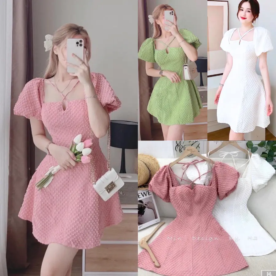 Đầm Xốp Tay Bồng Dây Cổ Yếm Tiểu Thư Nữ Dress