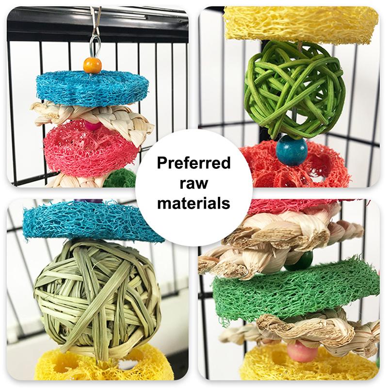 Product Introduction of Parrots Bird Chewing Toy Rabbit Hanging Bell Bite Rattan Ball Molar Toys Parakeet Birdcage Decoration Hamster Chew Toys צעצועים 17