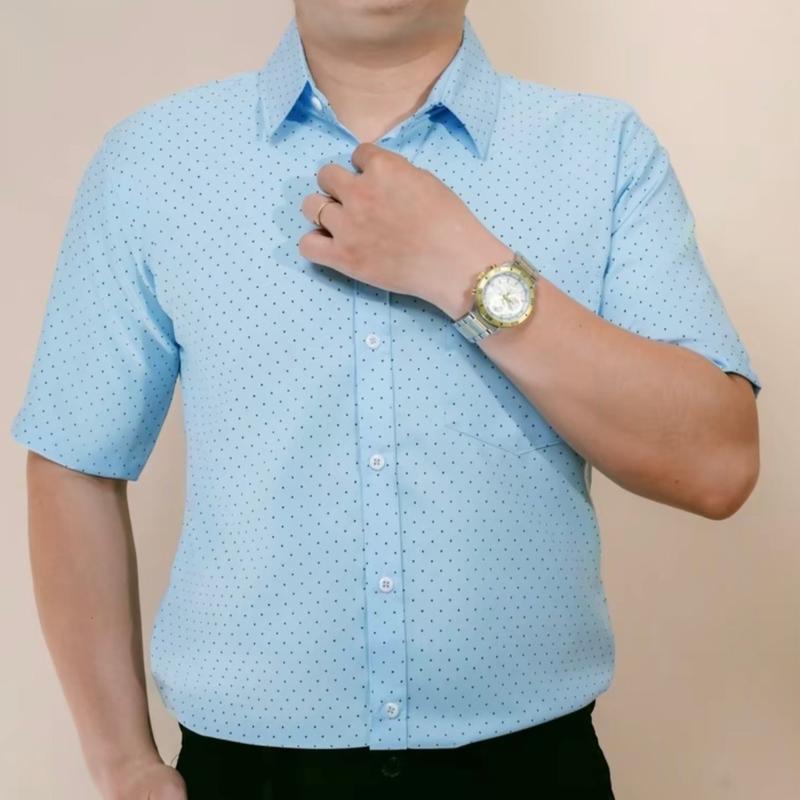 Áo Sơ Mi Nam Chấm Bi Trung Niên Ngắn Tay Có Túi Lụa Hàn Menswear Shirt Có Cổ