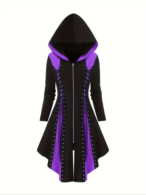 Women's Colorblock Lace Up Grommet Eyelet Zipper Hooded Dress, Punk Fashion Long Sleeve A Line Dress for Daily Outdoor Wear, Ladies Clothes for Spring & Fall 6