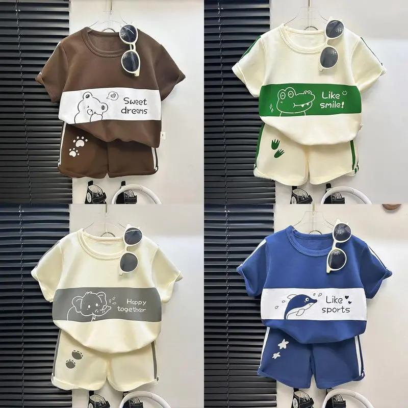 ( 80-120 ) Summer Baby Clothes Set Children Boy Girl Short Sleeve Tshirts Shorts Suit Cartoon Bear Kids Tracksuit