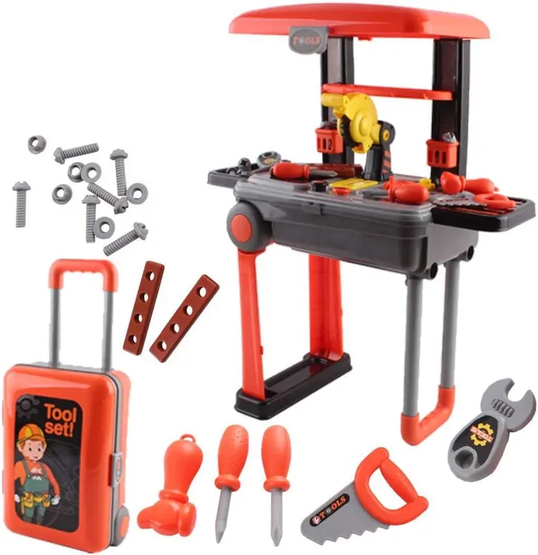 deAO Tool Workbench 2 in 1 Deluxe Portable Tool Workbench Suitcase Toy Set with Tool Accessories 3 4 5 6 Years Old Kids Gift 0