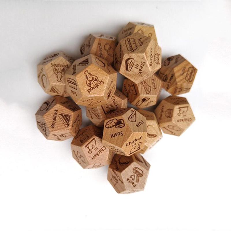 Product Introduction of Wooden Food Pattern Dice, 2 Counts Creative Party Table Game Dice, Gift for Girlfriend, Boyfriend, Wife, Husband, Food Lover, Party Supplies 5