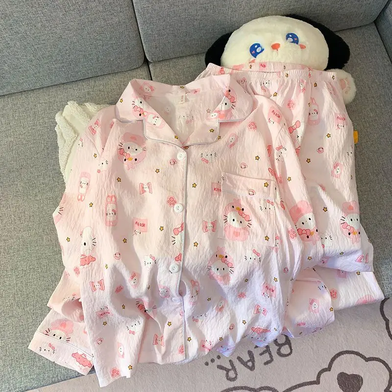 Hello Kitty Đồ Ngủ, Dành Cho Trẻ Em, Bộ Quần Dài Áo Dài Tay, Mùa Xuân Và Mùa Thu, Làm Bằng Bông Đám Mây, Thích Hợp Cho Trẻ Trung Và Lớn, Thiết Kế Hoạt Hình Dễ Thương, Có Thể Mặc Làm Áo Mặc Bên Ngoài Hoặc Đồ Mặc Nhà