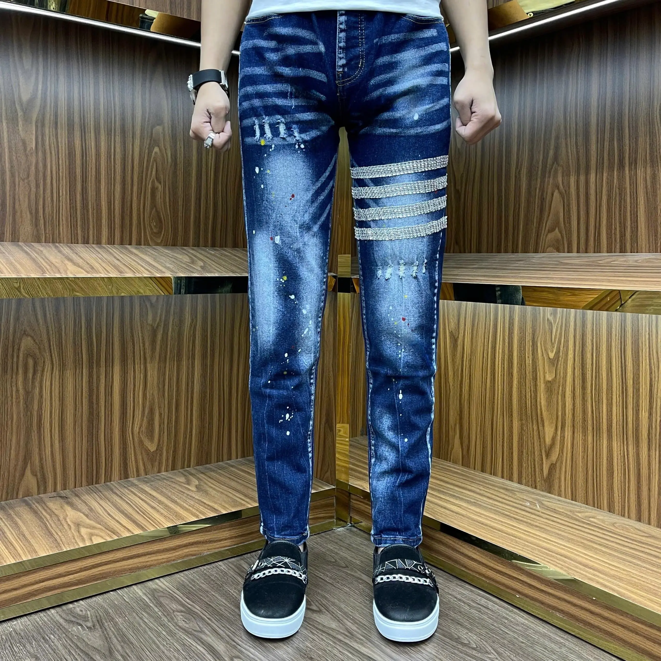 quần jeans nam xanh vảy sơn bốn sọc đá bốn cúc