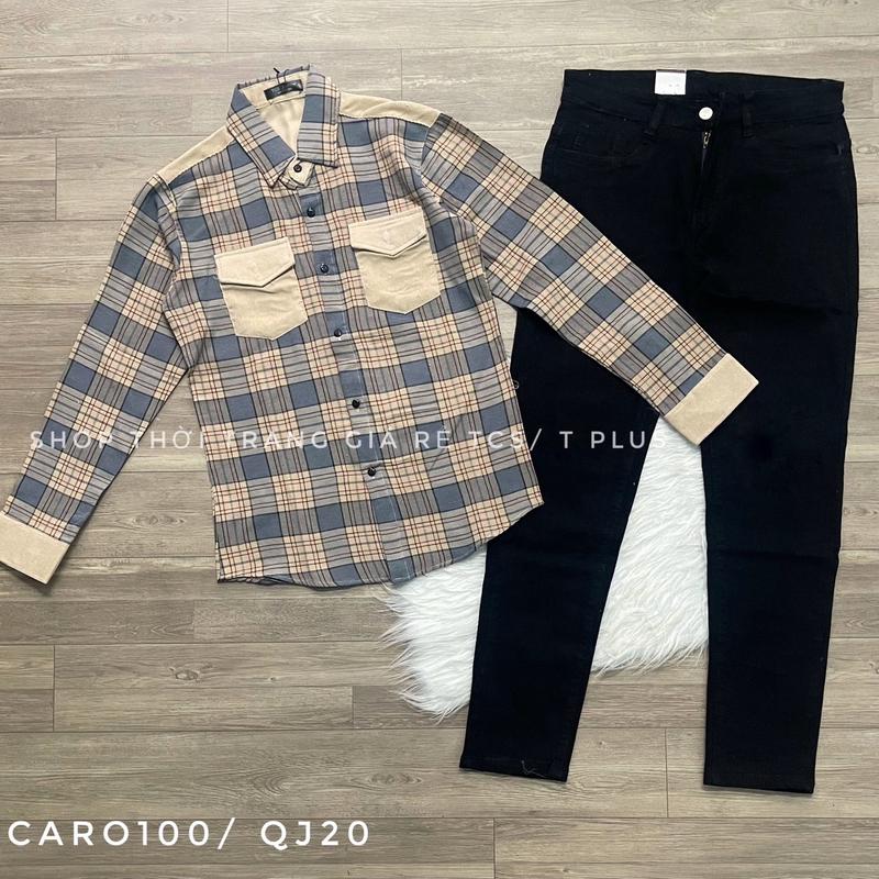 Bộ 40-75kg ( Áo sơ mi chất liệu kate nỉ hoạ tiết Ca rô mã 100 + quần jeans đen co giản 20/ rách gối ôm gọn co giản ) dành cho nam Menswear