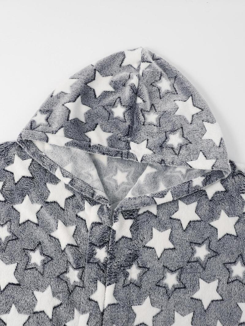 Product Introduction of 【Plus Size】 Star Print Belted Drop Shoulder Hooded Sleep Robe, Casual Long Sleeve Pocket Design Bathrobe, Women's Sleepwear for Fall & Winter 14