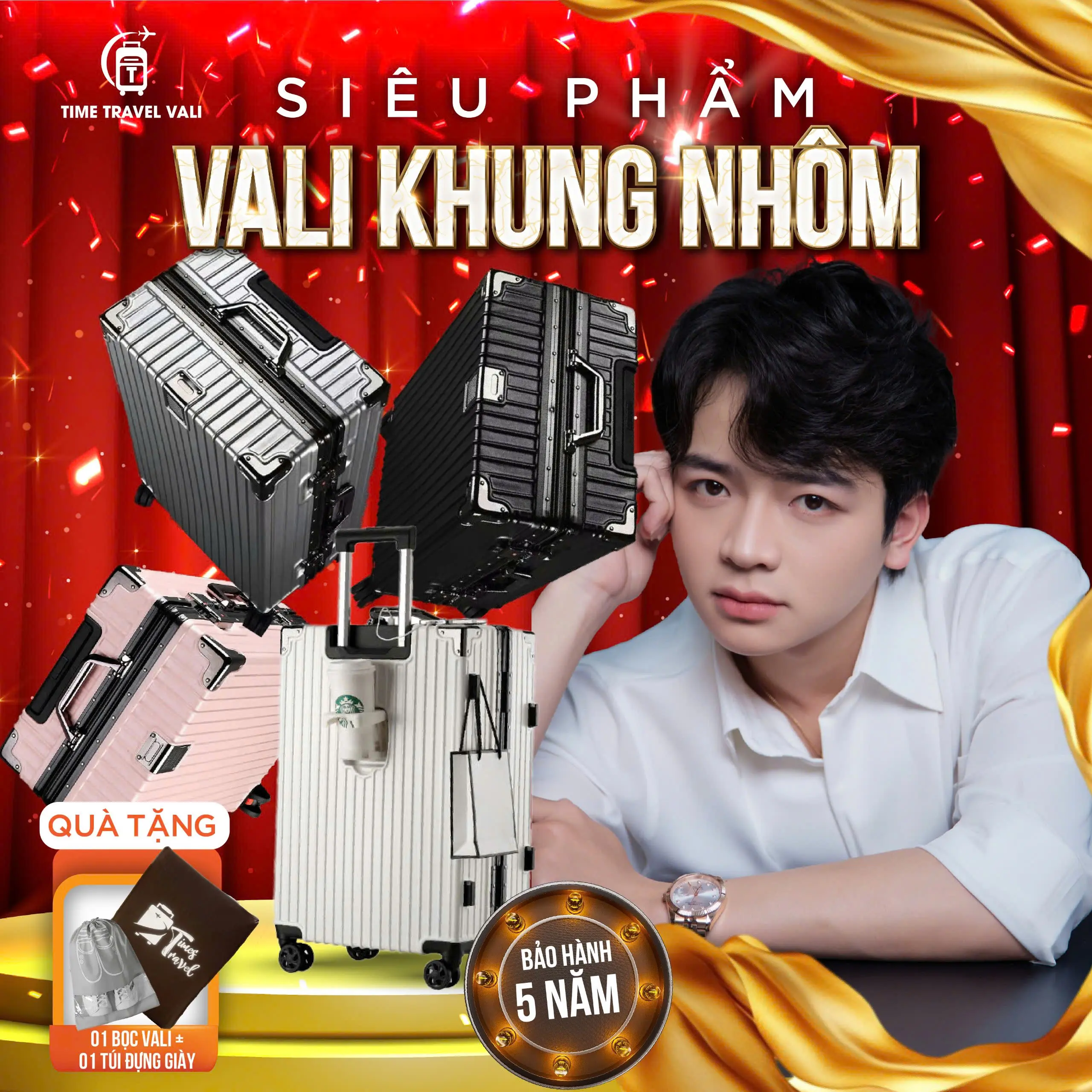 NB979 Vali khung nhôm hàng loại 1 phun sơn tĩnh điện thiết kế ngăn khoá kéo, có ngăn đồ ướt, khay đựng cốc (Bản nâng cấp không chìa khoá) - Bảo Hành 5 Năm