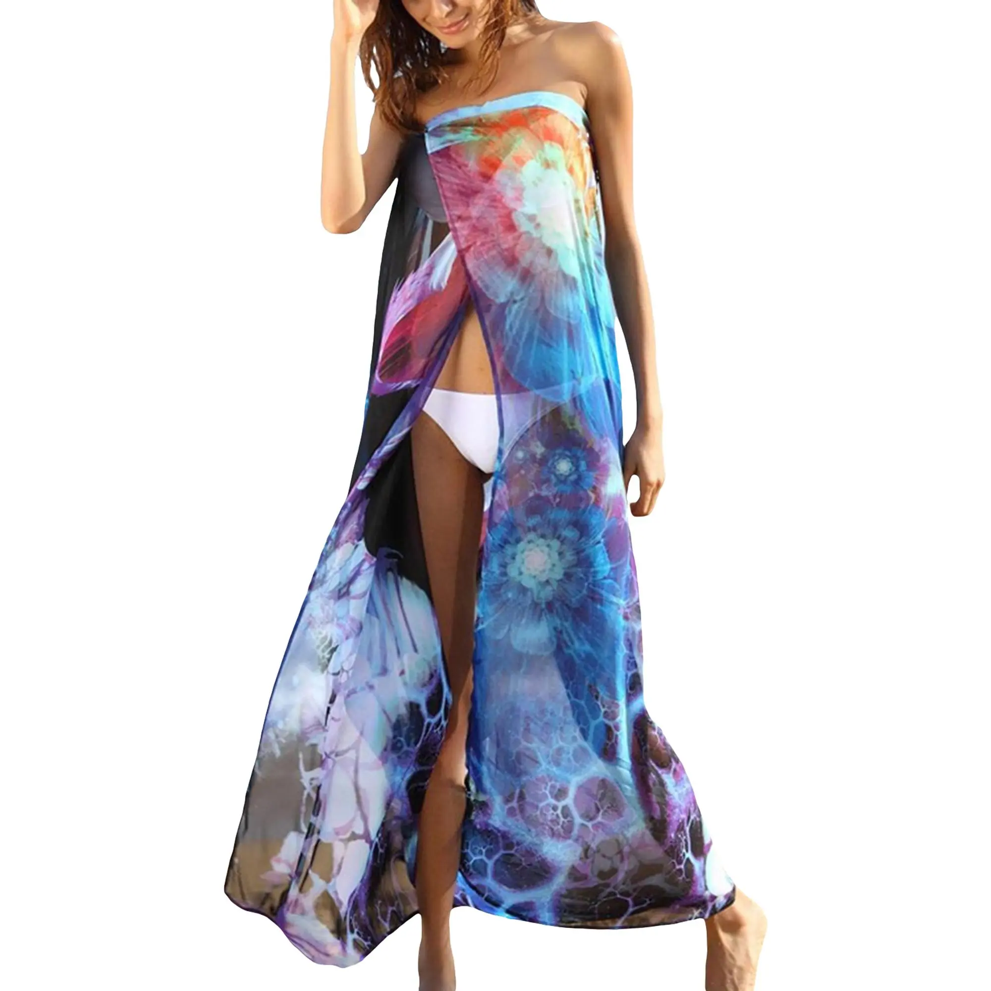 Women Beach Dress Tie-Dyed Sleeveless Strapless Long Dress Bikini Cover Ups for Summer