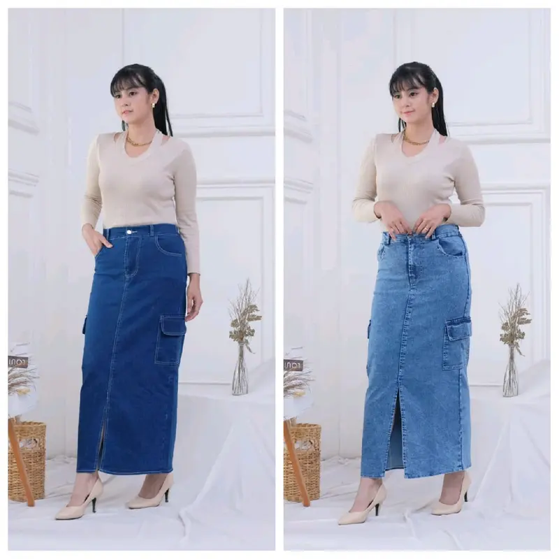 Rok Jeans Wanita Cargo Denim Karet | Rok Cargo Jeans Belah depan Korean Style 0