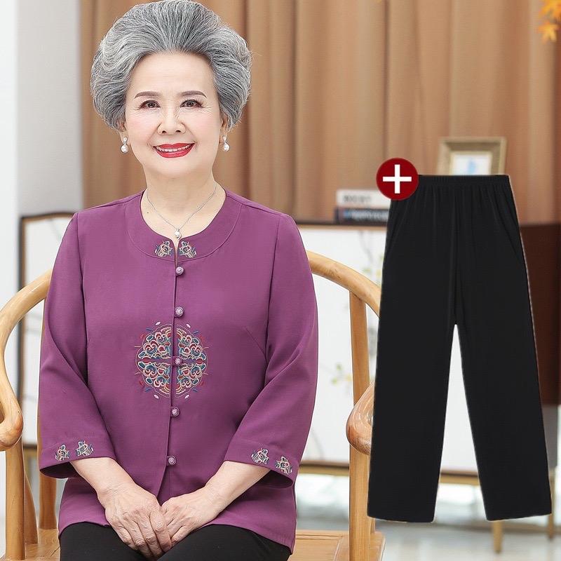 Bộ thêu viền chất gấm mềm cho bà trung niên tay lỡ