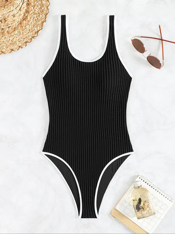 Women's Contrast Binding Ribbed One-piece Swimsuit, Solid Sleeveless Swimwear, Ladies One Piece Swimsuit for Summer Beach Holiday Vacation, Swim Bodysuit 2